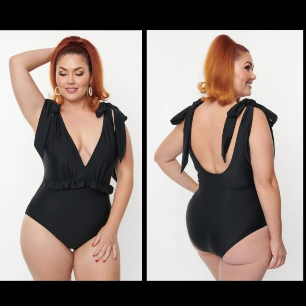 Unique Vintage Black Ruffle Tie Strap Plunge One Piece Swimsuit Sz XL